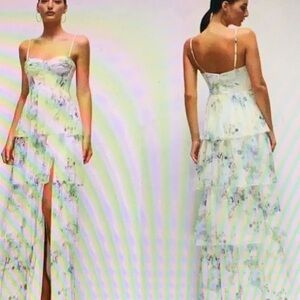 Dessy Collection Floral Maxi Dress in White and Blue
